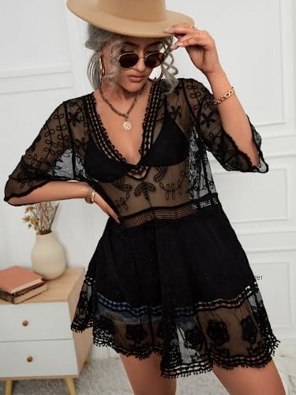 Loose Fit V-Neck Lace Cover-Up Dress, 3/4 Sleeve Beachwear, Recycled Material - Picture 4 of 7
